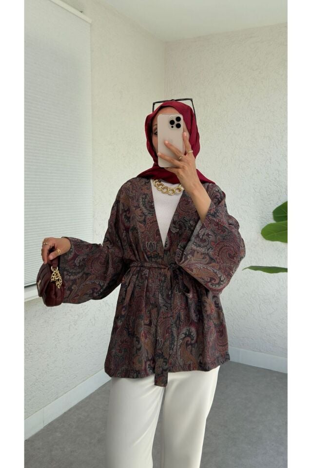 Etnik desen kimono bağlamalı kimono