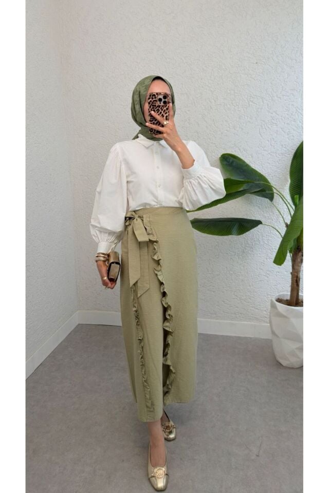 İNCE CUPRO KUMAŞ BAĞLAMALI FIRFIR DETALI ETEK