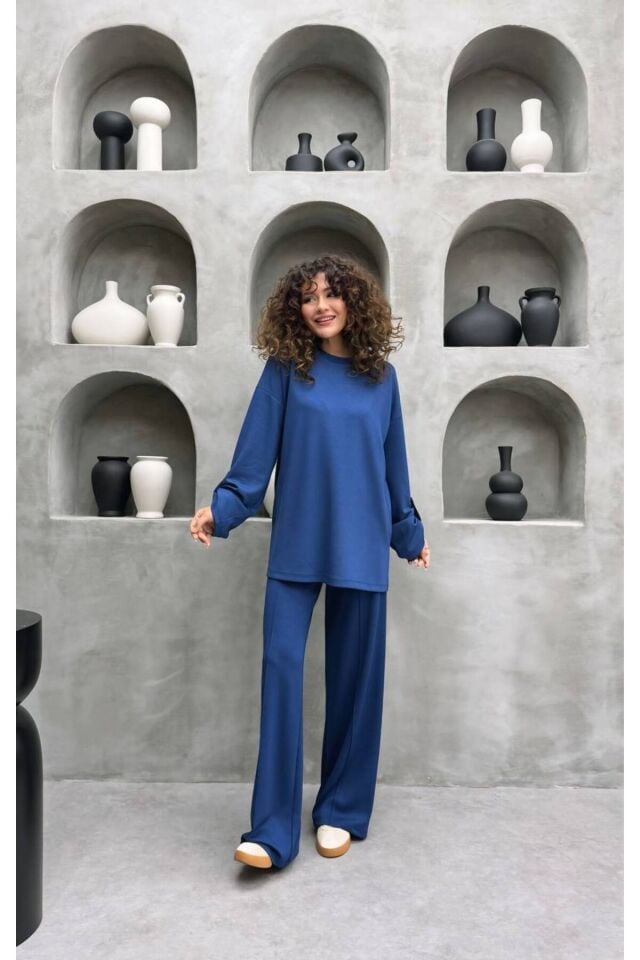 KOLLARI DÜĞMELİ MODAL KUMAŞ TUNİK PANTOLON TAKIM