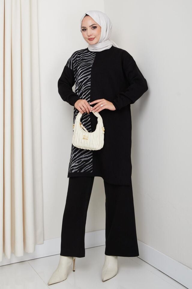Simli Zebra Desenli Triko Pantolonlu Tunik Takım