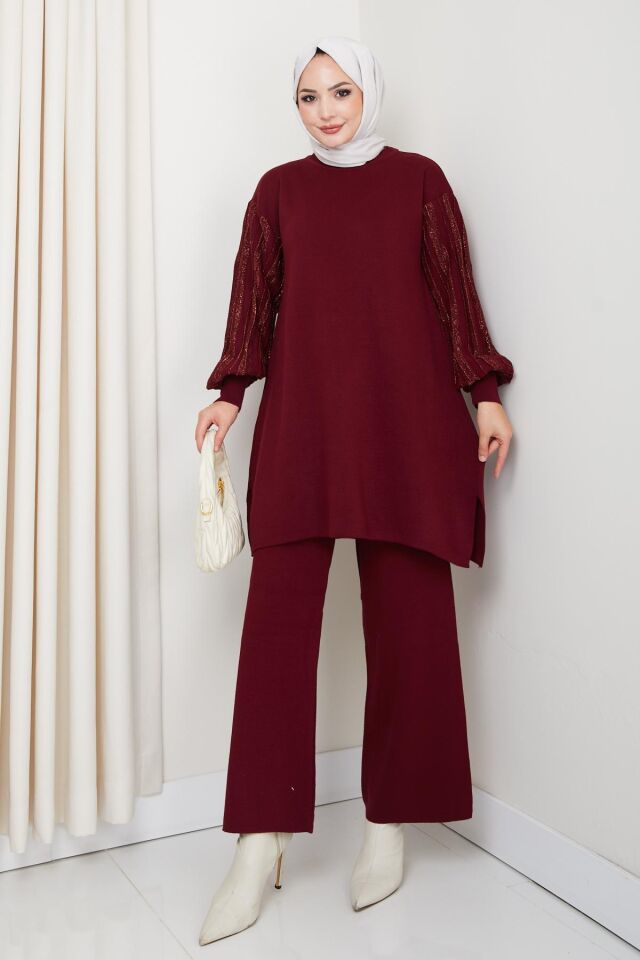 Kolu Sim Detaylı Triko Pantolonlu Tunik Takım