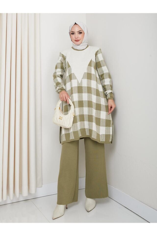 Ekose Desenli Triko Pantolonlu Tunik Takım