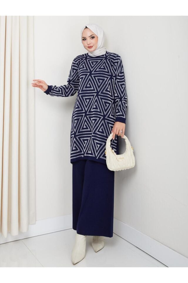 Simli Üçgen Desenli Triko Pantolon Tunik Takım