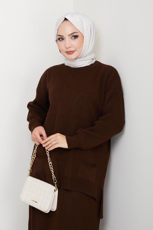 Dikey Çizgili Cep'li Triko Tunik Etek Takım