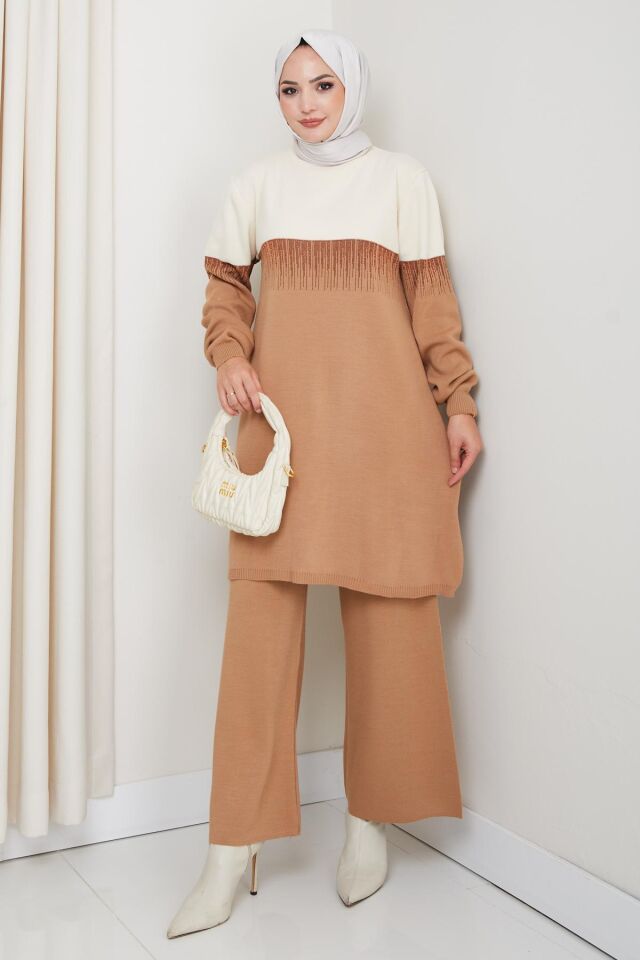 Örme Sim Desenli Triko Tunik Pantolon Takım