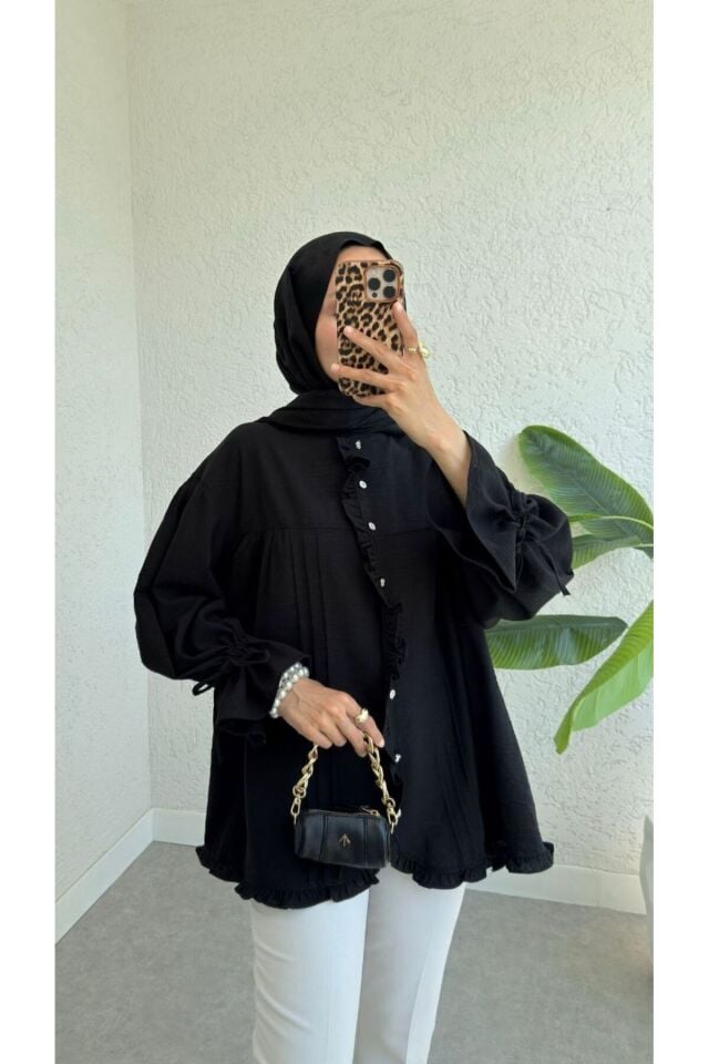 KOLARI FIRFIR VE BAĞLAMA DETAYLI KETEN GÖMLEK