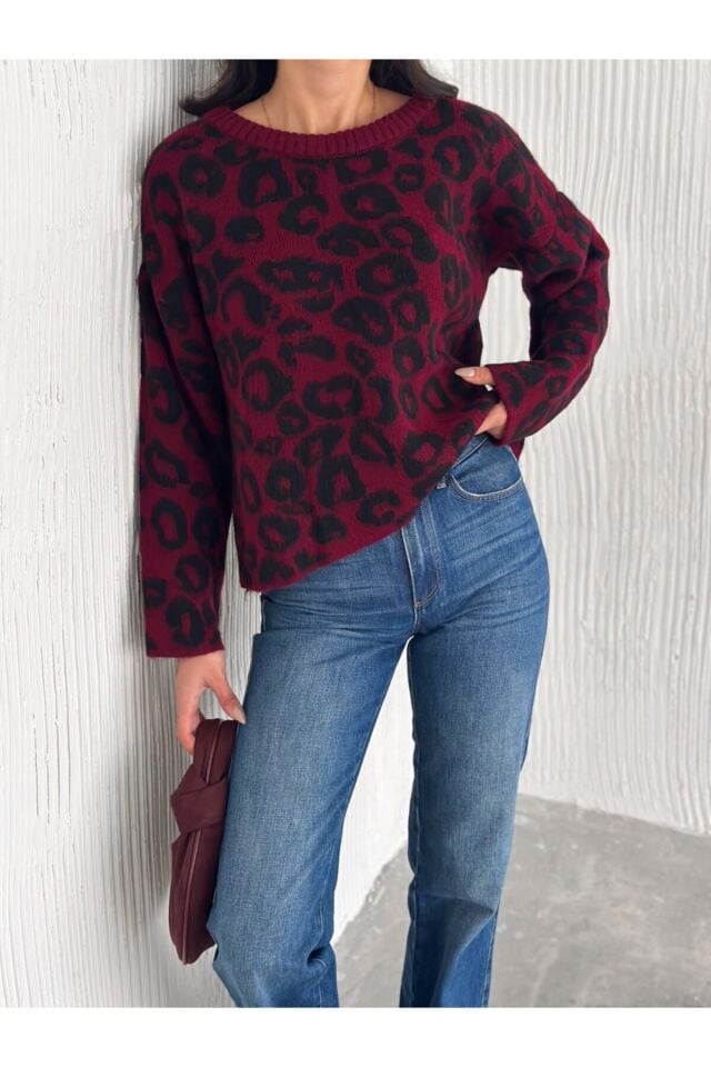 Pofuduk Leopar Desenli Triko Kazak