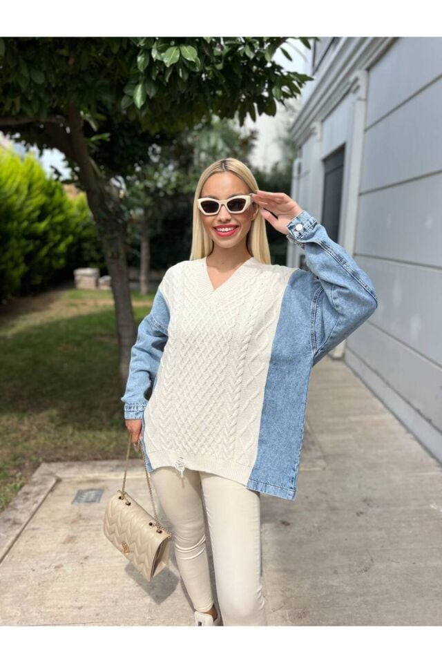 Kolları Denim Örgülü Triko Kazak