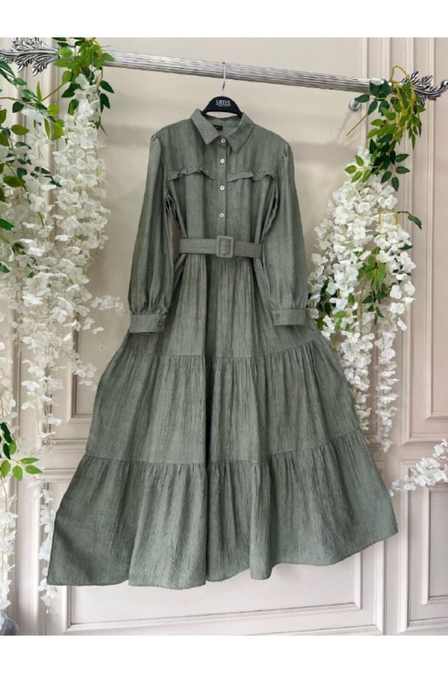 Gömlek Yaka Kemer Detaylı Tokalı Elbise