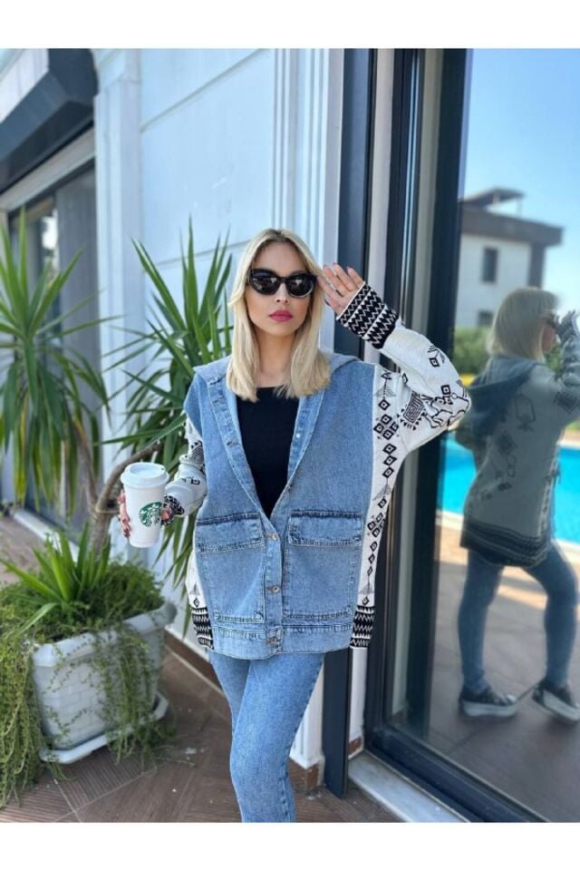 Kapüşonlu Desenli Kot Ceket