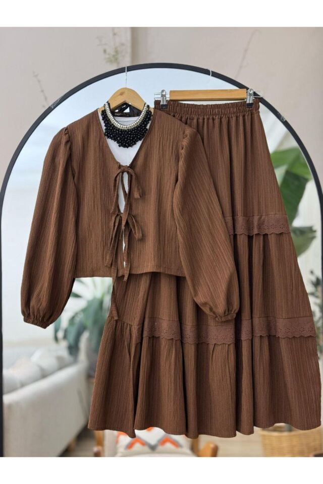 Bürümcük Kumaş Önden Bağlamalı Etekli Takım