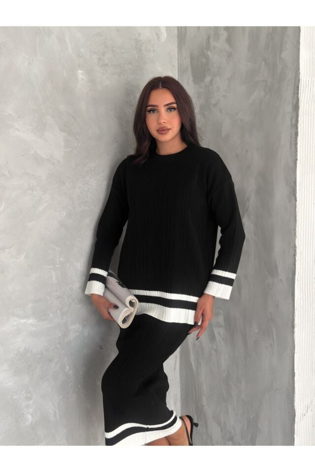 Şeritli Triko Kazak Etek Takım