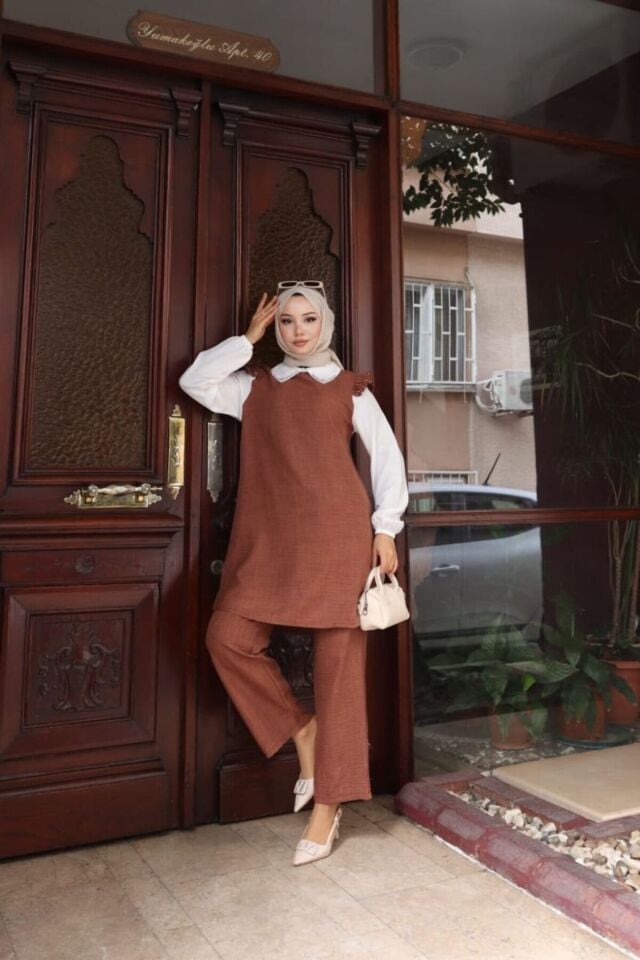 Omuz Detaylı Düz Keten İkili Takım